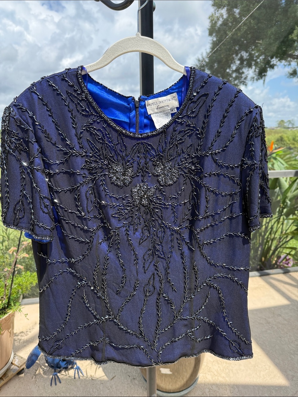 Vintage Papell Boutique silk Navy Blue Beaded Short Sleeve Evening Top